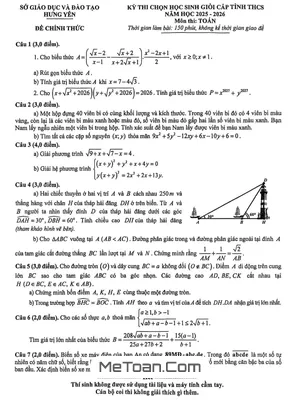 Đề chọn học sinh giỏi tỉnh Toán THCS năm 2025 – 2026 Sở GD&ĐT Hưng Yên