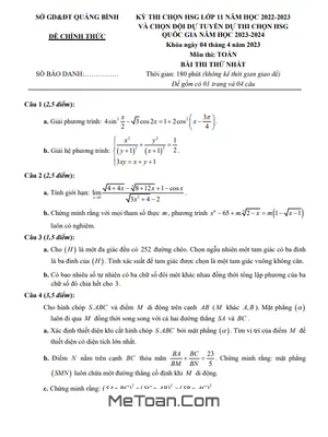 Đề thi chọn HSG Toán 11 năm 2022 - 2023 sở GD&ĐT Quảng Bình