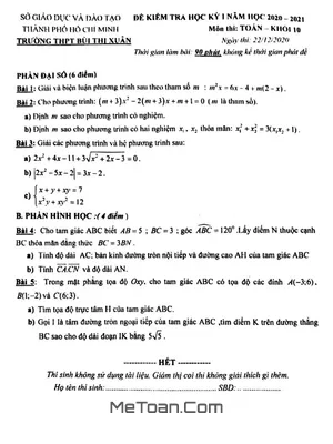 Đề thi học kỳ 1 Toán 10 năm 2020 - 2021 trường THPT Bùi Thị Xuân - TP HCM
