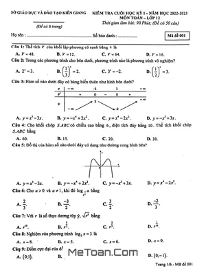 Đề thi học kỳ 1 Toán 12 năm 2022 - 2023 sở GD&ĐT Kiên Giang (có đáp án)