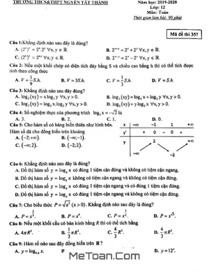 Đề thi HK1 Toán 12 năm học 2019 - 2020 trường Nguyễn Tất Thành - Hà Nội