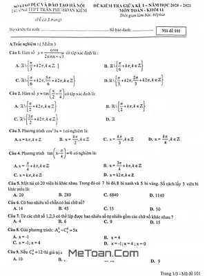 Đề thi giữa kì 1 Toán 11 năm 2020 - 2021 trường THPT Trần Phú - Hà Nội (Mã đề 101)