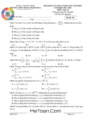 Đề khảo sát Toán 12 đầu năm 2021 – 2022 trường Thuận Thành 1 – Bắc Ninh