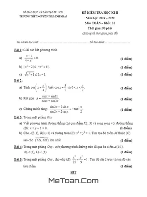 Đề thi HK2 Toán 10 năm 2019 - 2020 trường THPT Nguyễn Thị Minh Khai - TP HCM