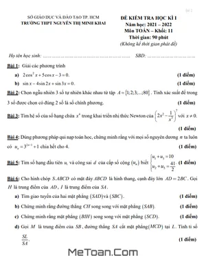 Đề thi học kì 1 Toán 11 năm 2021 – 2022 trường THPT Nguyễn Thị Minh Khai – TP HCM