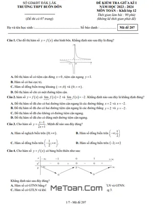 Đề giữa kì 1 Toán 12 năm 2023 - 2024 trường THPT Buôn Đôn - Đắk Lắk