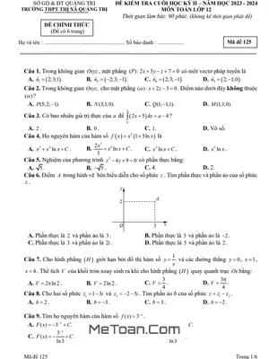 Đề thi cuối kỳ 2 Toán 12 năm 2023 - 2024 trường THPT Thị xã Quảng Trị (có đáp án)