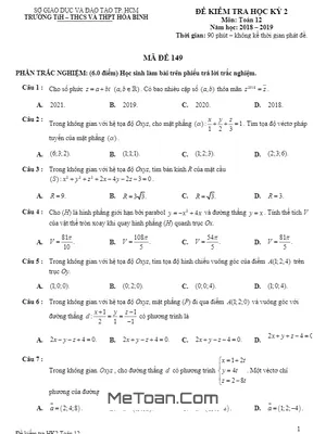 Đề thi học kì 2 Toán 12 năm 2018 - 2019 trường Hòa Bình - TP HCM (Mã đề 149)