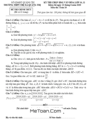 Đề thi chọn HSG Toán 10 năm học 2019 - 2020 trường THPT thị xã Quảng Trị