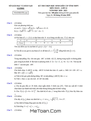 Đề thi HSG Toán 12 cấp tỉnh năm 2020 - 2021 Sở GD&ĐT Cà Mau