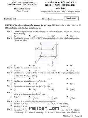 Đề Thi Cuối Kỳ 2 Toán 11 Năm 2023 - 2024 Trường THPT Lê Hồng Phong - Thanh Hóa