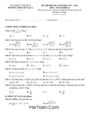 Đề thi học kỳ 2 Toán 11 năm 2017 - 2018 trường THPT Yên Lạc 2 - Vĩnh Phúc