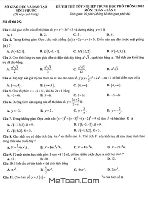 Đề thi thử THPT Quốc gia 2022 môn Toán lần 2 Sở GD&ĐT Bình Phước