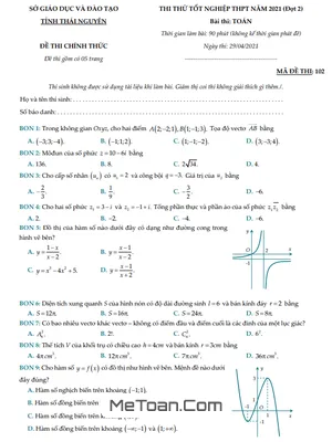 Đề thi thử tốt nghiệp THPT 2021 môn Toán sở GD&ĐT Thái Nguyên (Đợt 2)
