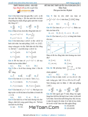 Đề Thi Thử Toán 2018 Lần 1 Trường THPT Thăng Long - Hà Nội