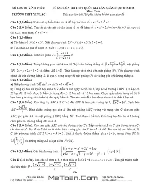 Đề thi thử THPT Quốc gia môn Toán trường Yên Lạc - Vĩnh Phúc lần 5 năm 2016