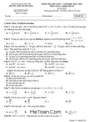 Đề Thi Giữa Kỳ 1 Toán 10 Năm 2022 - 2023 Trường THPT Hướng Hóa - Quảng Trị