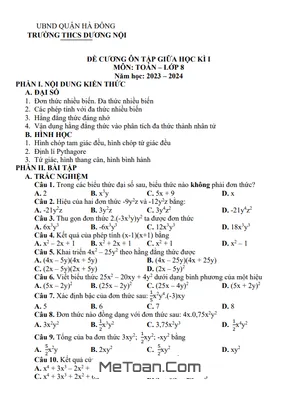 Đề Cương Ôn Tập Giữa Kỳ 1 Toán 8 Năm 2023 - 2024 Trường THCS Dương Nội - Hà Nội