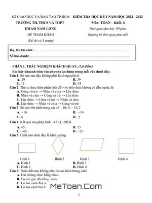 Đề Tham Khảo Học Kỳ 1 Toán 6 Năm 2022 - 2023 Trường EMASI Nam Long - TP HCM