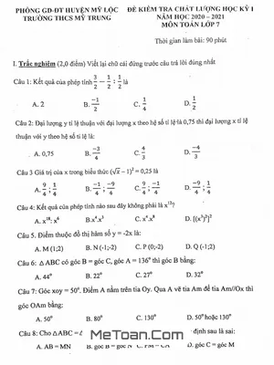 Đề thi học kỳ 1 Toán lớp 7 năm 2020 - 2021 trường THCS Mỹ Trung - Nam Định