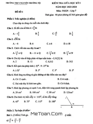 Đề thi giữa kỳ 1 Toán 7 năm 2023 - 2024 trường THCS Nguyễn Trường Tộ - Hà Nội