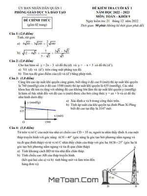Đề kiểm tra cuối kỳ 1 Toán 9 năm 2022 – 2023 phòng GD&ĐT Quận 1 – TP HCM