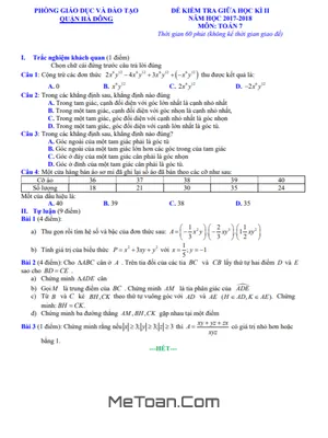 Đề thi giữa kì 2 Toán 7 năm 2017-2018 phòng GD&ĐT Hà Đông - Hà Nội