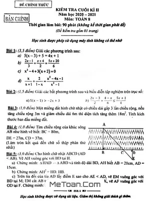 Đề thi Toán 8 cuối kì 2 năm 2020 - 2021 phòng GD&ĐT Quận 10 - TPHCM