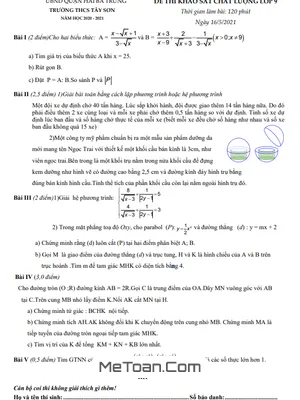 Đề khảo sát chất lượng Toán 9 năm 2020 - 2021 trường THCS Tây Sơn - Hà Nội