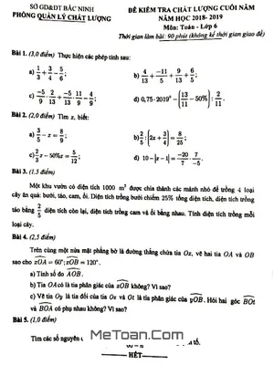 Đề kiểm tra chất lượng cuối năm môn Toán lớp 6 năm học 2018 - 2019 Sở GD&ĐT Bắc Ninh