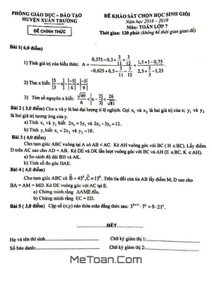 Đề thi HSG Toán 7 năm 2018 - 2019 phòng GD&ĐT Xuân Trường - Nam Định (có lời giải)