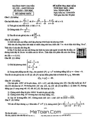 Đề Thi Học Kì 2 Môn Toán Lớp 9 Năm 2023 - 2024 Trường THPT Chuyên Hà Nội - Amsterdam