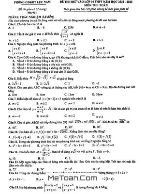 Đề thi thử Toán vào lớp 10 năm 2022 - 2023 phòng GD&ĐT Lục Nam - Bắc Giang