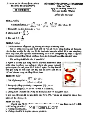 Đề thi thử vào lớp 10 môn Toán trường THCS Giảng Võ - Hà Nội năm 2020