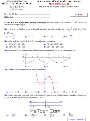 Đề Thi Giữa Kỳ 1 Toán 12 Năm 2024 - 2025 Trường THPT Nguyễn Văn Cừ - Hải Dương
