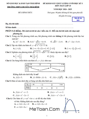 Đề thi học kỳ 1 Toán 10 năm 2024 - 2025 trường THPT chuyên Thái Bình (có đáp án)