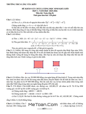 Đề KSCL Học Sinh Giỏi Toán 8 Đợt 1 Năm 2025-2026 Cụm THCS Lâm-Văn-Kiều, Nghệ An