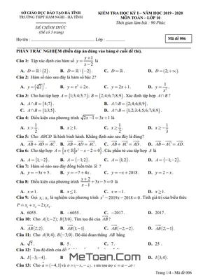Đề thi HK1 Toán 10 năm 2019 - 2020 trường THPT Hàm Nghi - Hà Tĩnh
