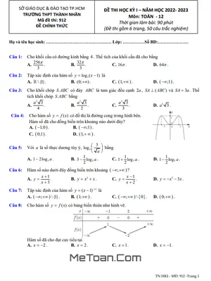 Đề thi học kỳ 1 Toán 12 năm 2022 - 2023 trường THPT Thành Nhân - TP HCM