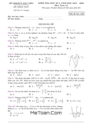 Đề thi học kỳ 1 Toán 12 năm 2019 - 2020 Sở GD&ĐT Bạc Liêu (có đáp án)