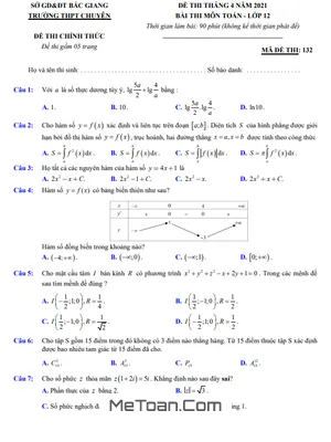 Đề thi tháng 4 năm 2021 môn Toán 12 trường THPT chuyên Bắc Giang