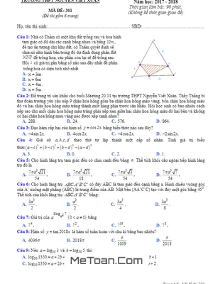 Đề KSCL Toán 12 lần 2 năm 2017 - 2018 trường THPT Nguyễn Viết Xuân - Vĩnh Phúc có đáp án
