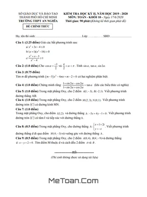 Đề thi học kì 2 Toán 10 năm 2019 - 2020 trường THPT An Nghĩa - TP HCM (Có lời giải)