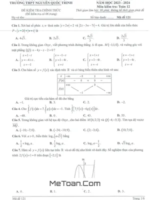 Đề thi học kì 2 Toán 12 năm 2023 - 2024 trường THPT Nguyễn Quốc Trinh - Hà Nội