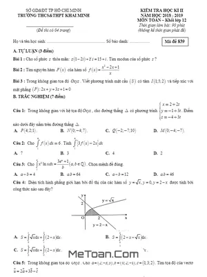 Đề thi HK2 Toán 12 năm 2018 - 2019 trường THCS&THPT Khai Minh - TP HCM