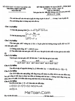 Đề thi Olympic 10/3 Toán 10 năm 2019 lần 4 trường chuyên Nguyễn Du – Đắk Lắk