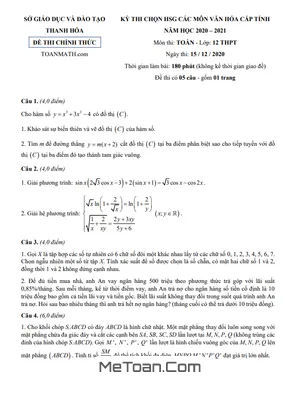 Đề thi HSG Toán 12 cấp tỉnh năm 2020 - 2021 sở GD&ĐT Thanh Hóa