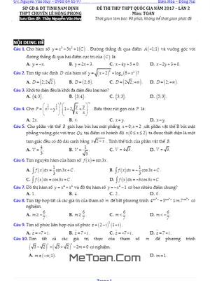 Đề thi thử THPT Quốc gia 2017 môn Toán trường THPT chuyên Lê Hồng Phong – Nam Định lần 2