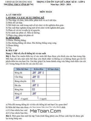 Đề Cương Ôn Tập Giữa Kì 2 Toán 6 Năm 2023 - 2024 Trường THCS Vĩnh Hưng - Hà Nội