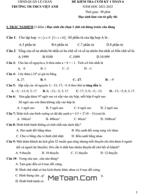 Đề thi học kì 1 Toán lớp 6 năm 2021 - 2022 trường TH-THCS Việt Anh - Hải Phòng